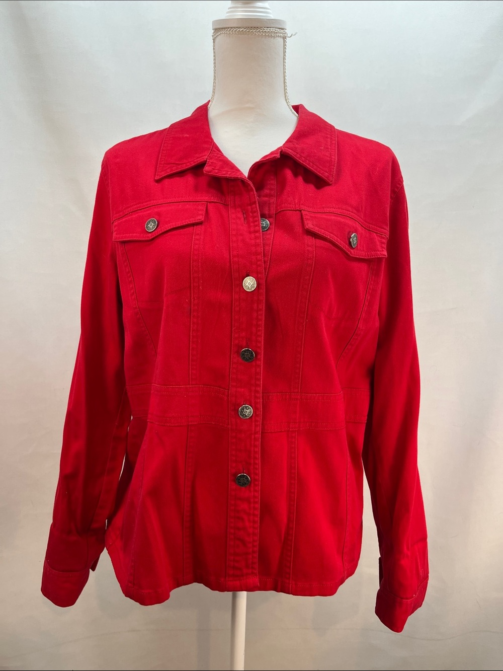 Cato Women's Red Button Front Cotton Stretch Utility Jacket Size L Jean Jacket S